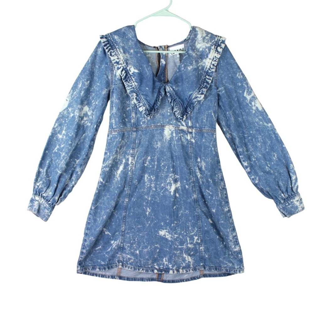 Ganni Light Bleach Denim V-neck Ruffle Collar Dress Size 38 US 6 - Picture 2 of 15